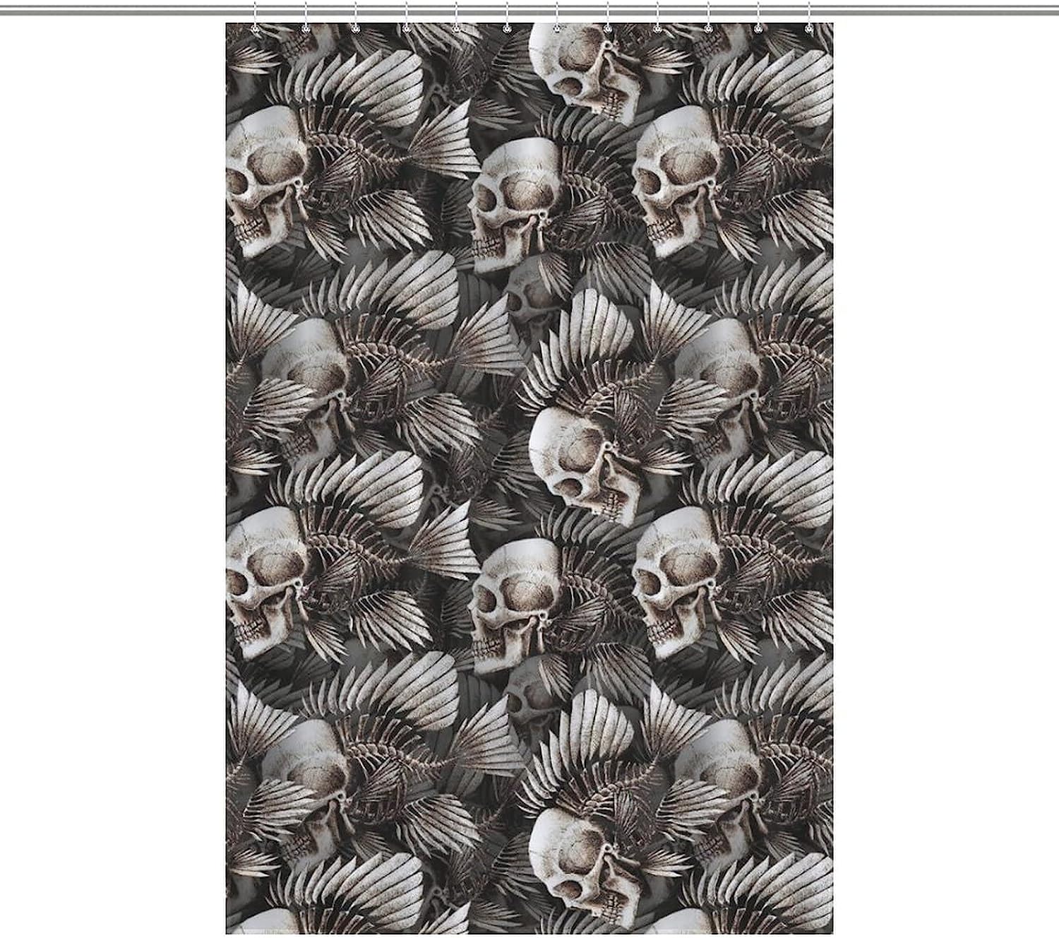 Fish Bone and Skull Print Shower Curtain for a Nautical and Spooky Bathroom