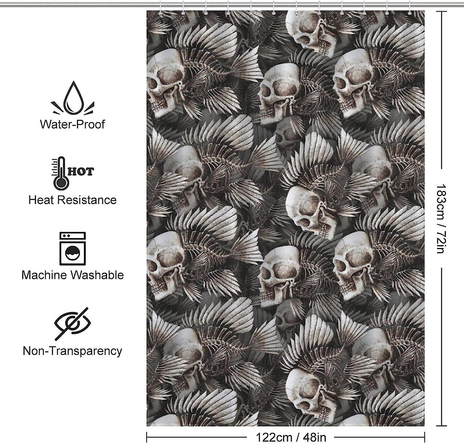 Fish Bone and Skull Print Shower Curtain for a Nautical and Spooky Bathroom