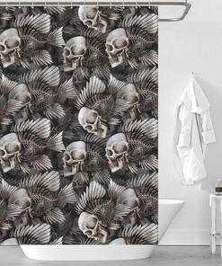 Fish Bone and Skull Print Shower Curtain for a Nautical and Spooky Bathroom