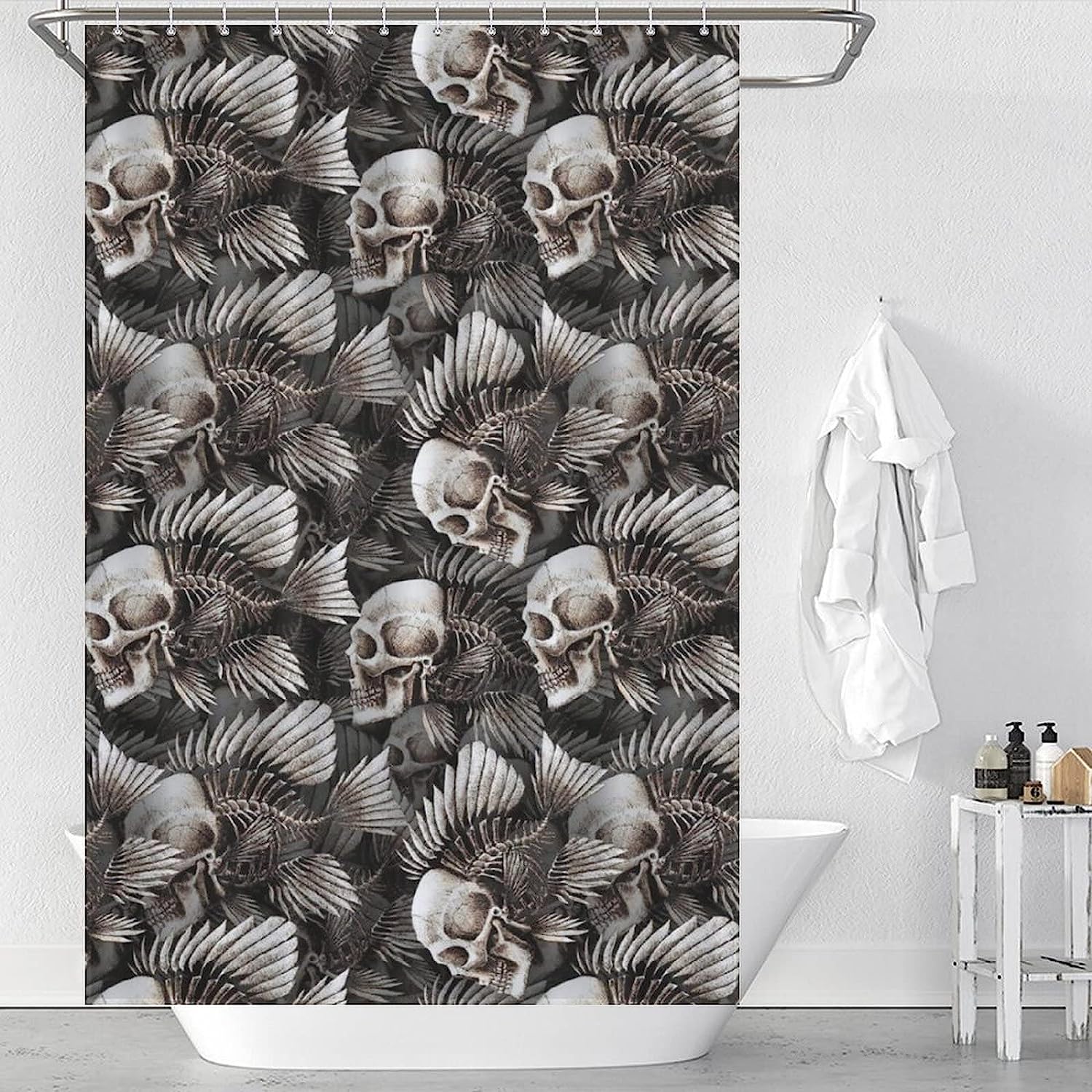 Fish Bone and Skull Print Shower Curtain for a Nautical and Spooky Bathroom