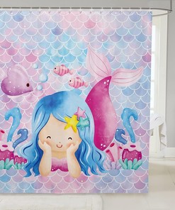Fish Coral Seaweed Starfish Print Mermaid Shower Curtain for Kids Girls Room Decor