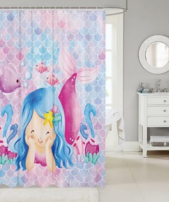 Fish Coral Seaweed Starfish Print Mermaid Shower Curtain for Kids Girls Room Decor