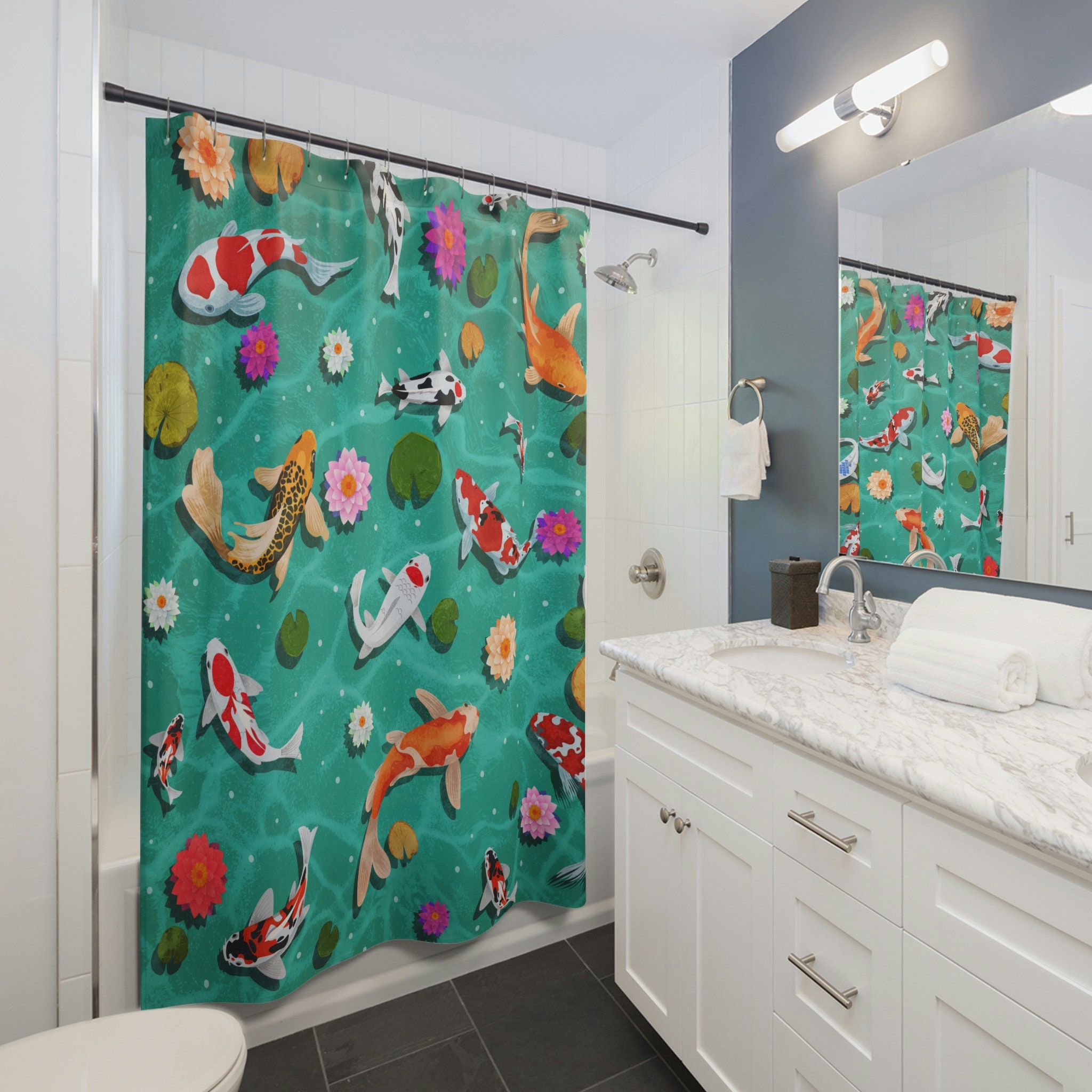 Fish Koi Carp Top View Waterproof Fabric Shower Curtain For A Serene Bathroom Decor