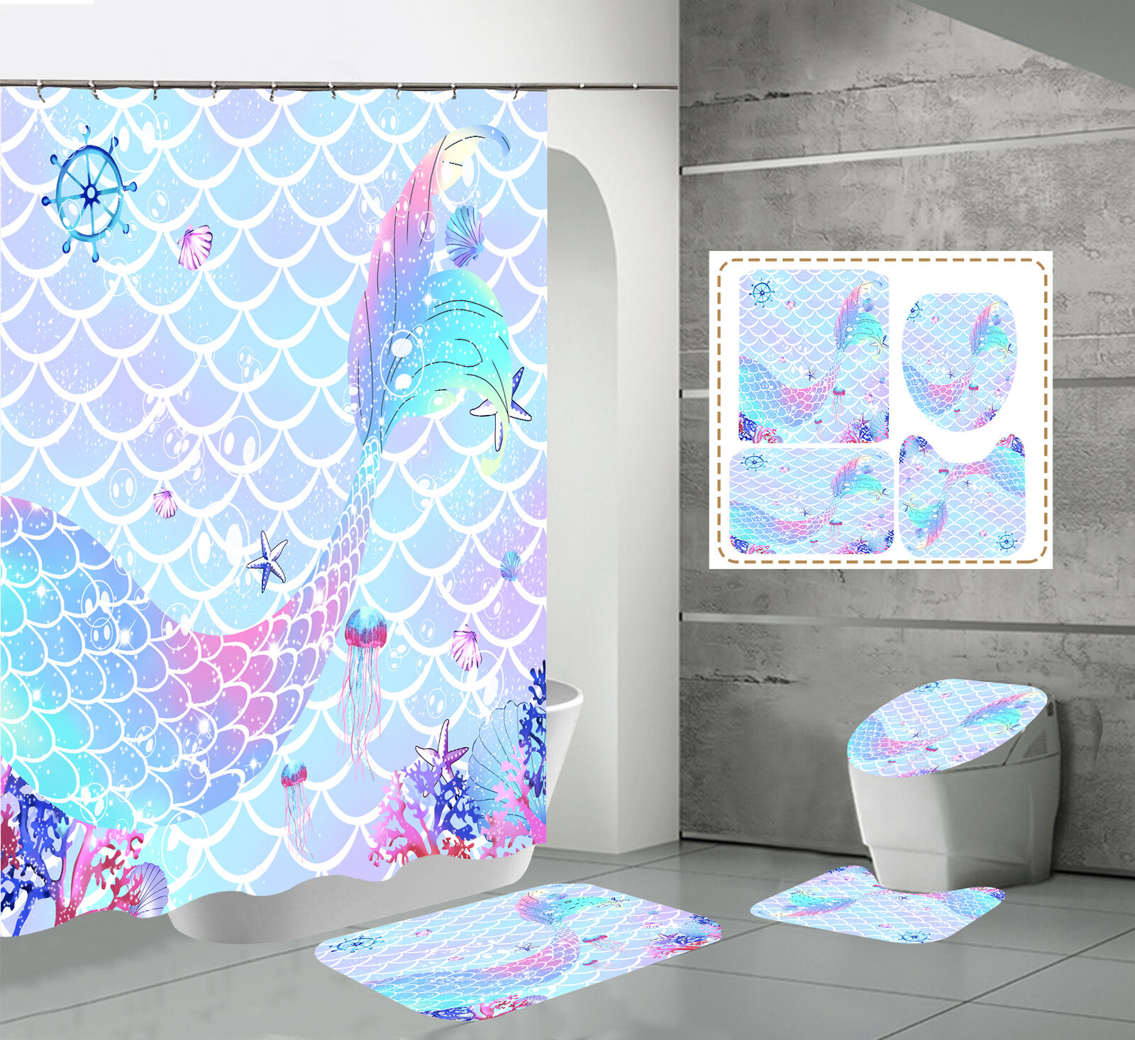 Fish Koi Coral Jellyfish Waterproof Bathroom Shower Curtain Mat For A Marine-Themed Bathroom