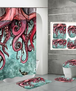 Fish Octopus Shower Curtain with Ocean Theme - New Waterproof Fabric Bathroom Curtain