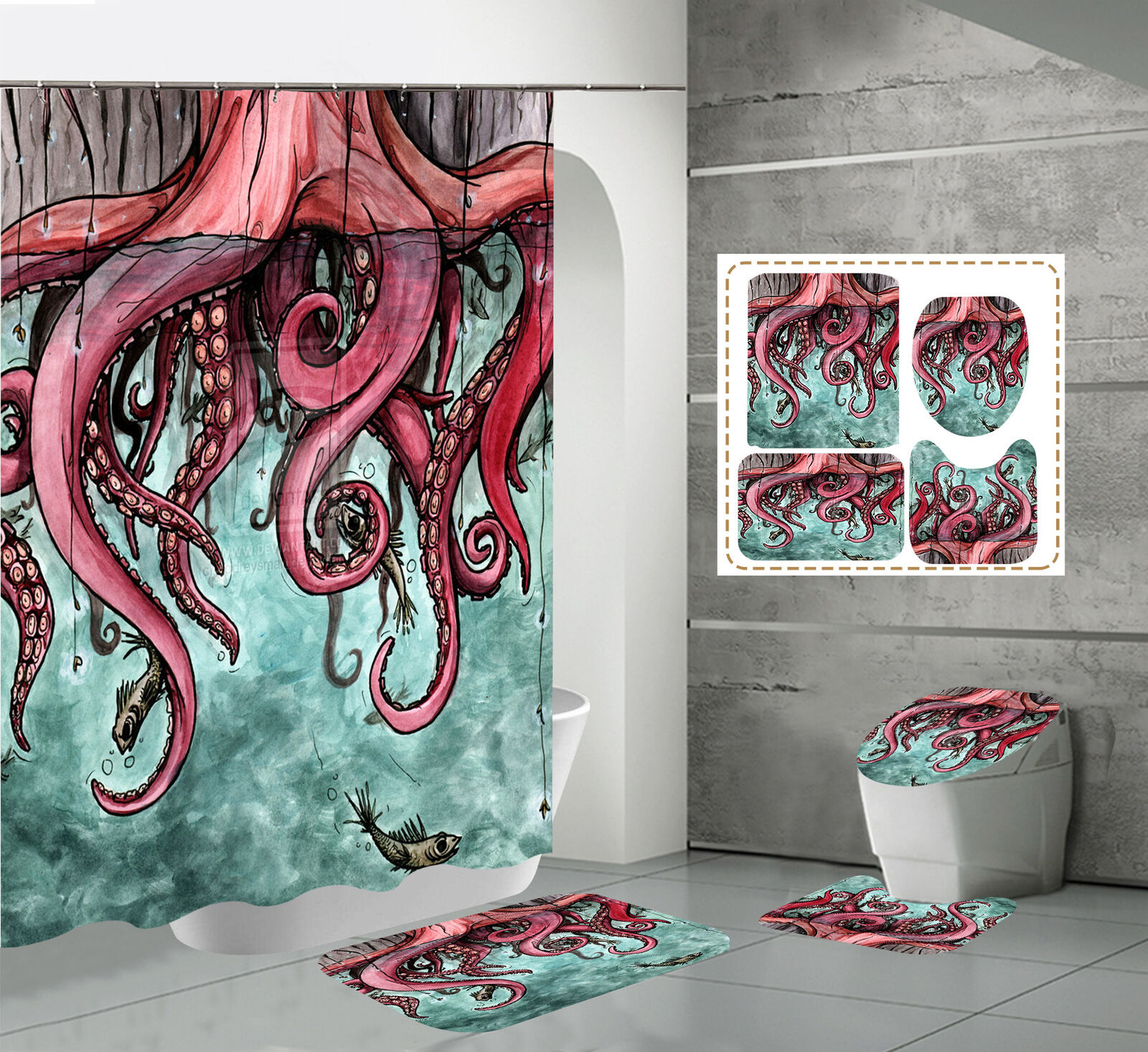 Fish Octopus Shower Curtain with Ocean Theme - New Waterproof Fabric Bathroom Curtain