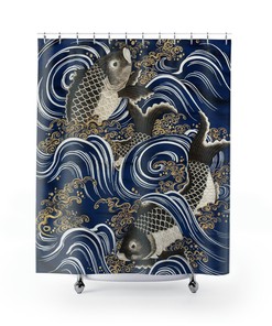 Fish in Wave Blue Japanese Art Shower Curtain - Asian Design Bathroom Decor