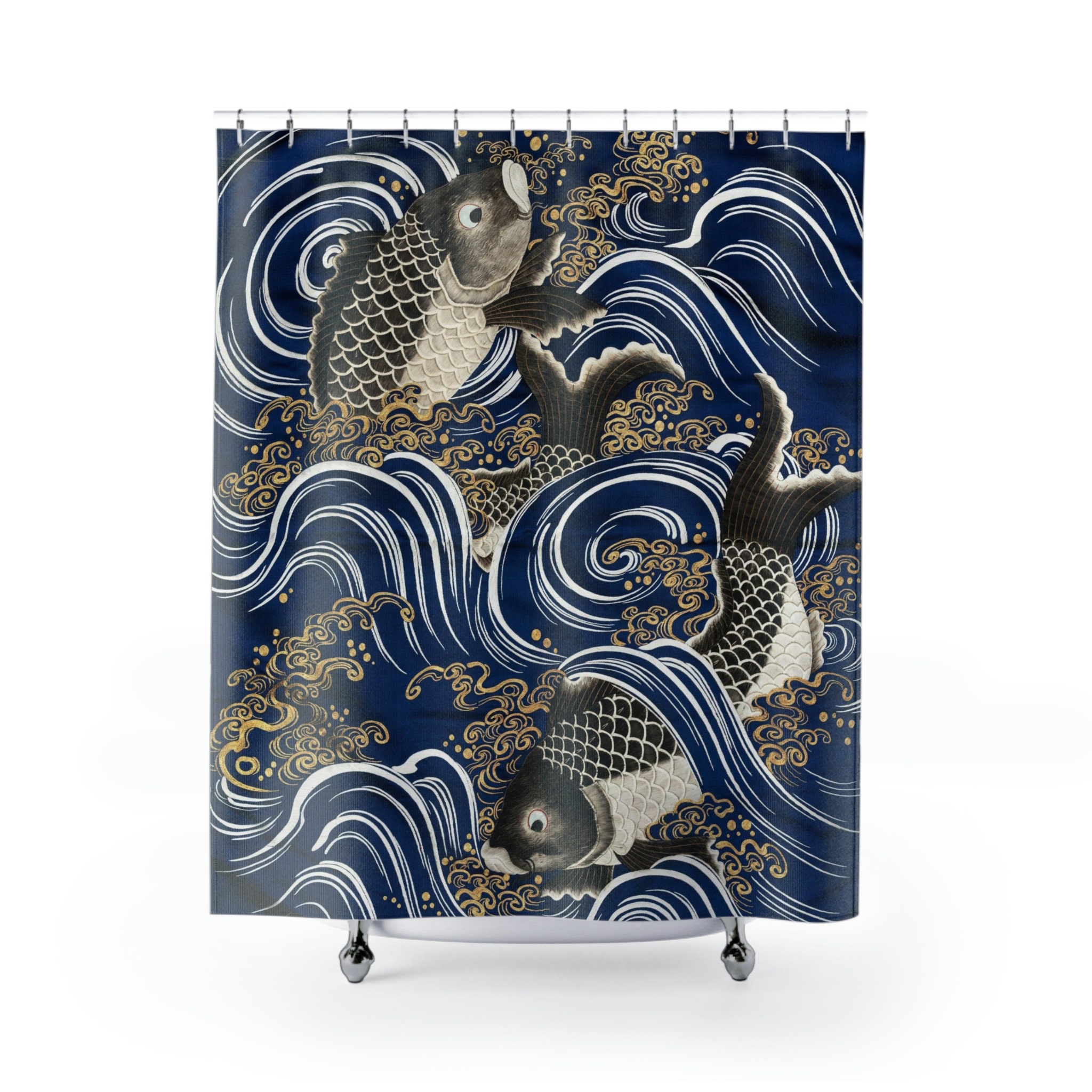 Fish in Wave Blue Japanese Art Shower Curtain - Asian Design Bathroom Decor