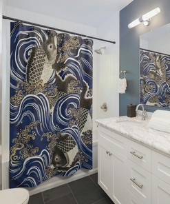 Fish in Wave Blue Japanese Art Shower Curtain - Asian Design Bathroom Decor