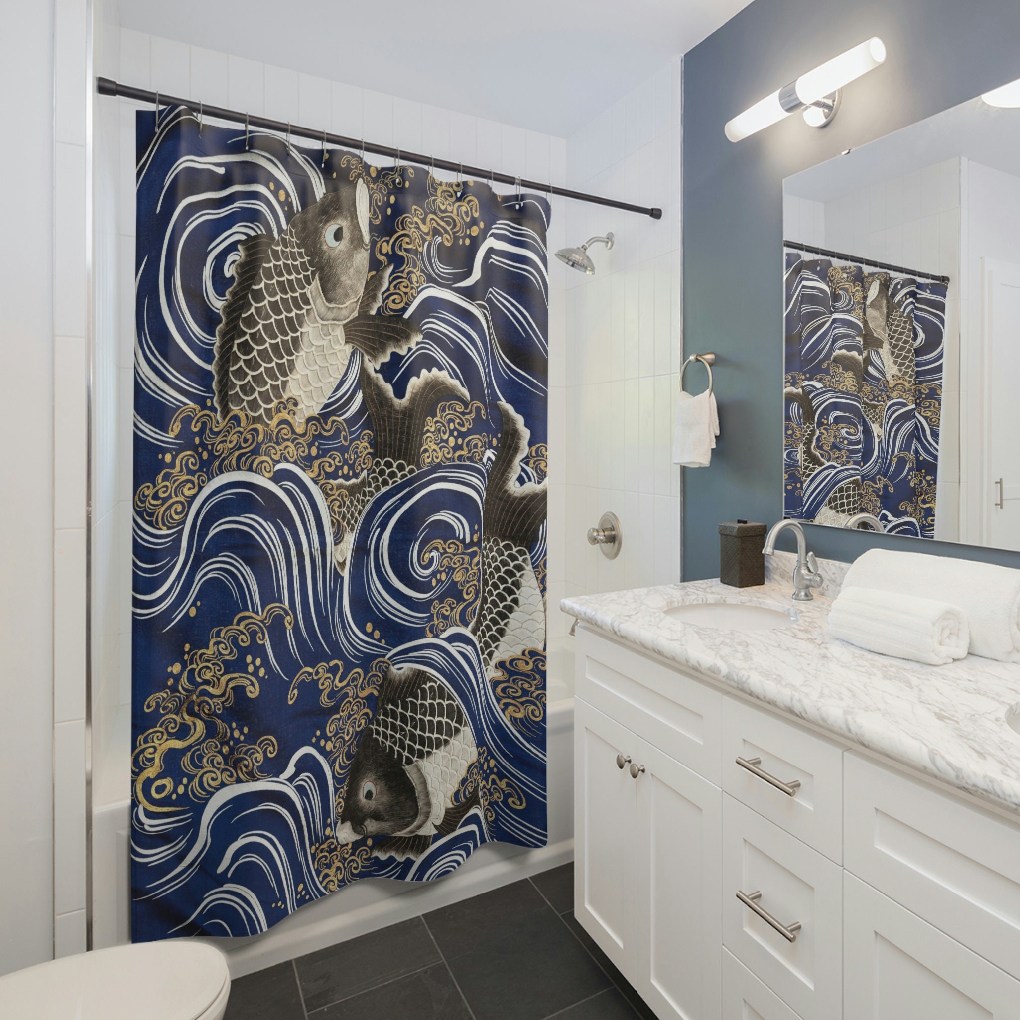 Fish in Wave Blue Japanese Art Shower Curtain - Asian Design Bathroom Decor