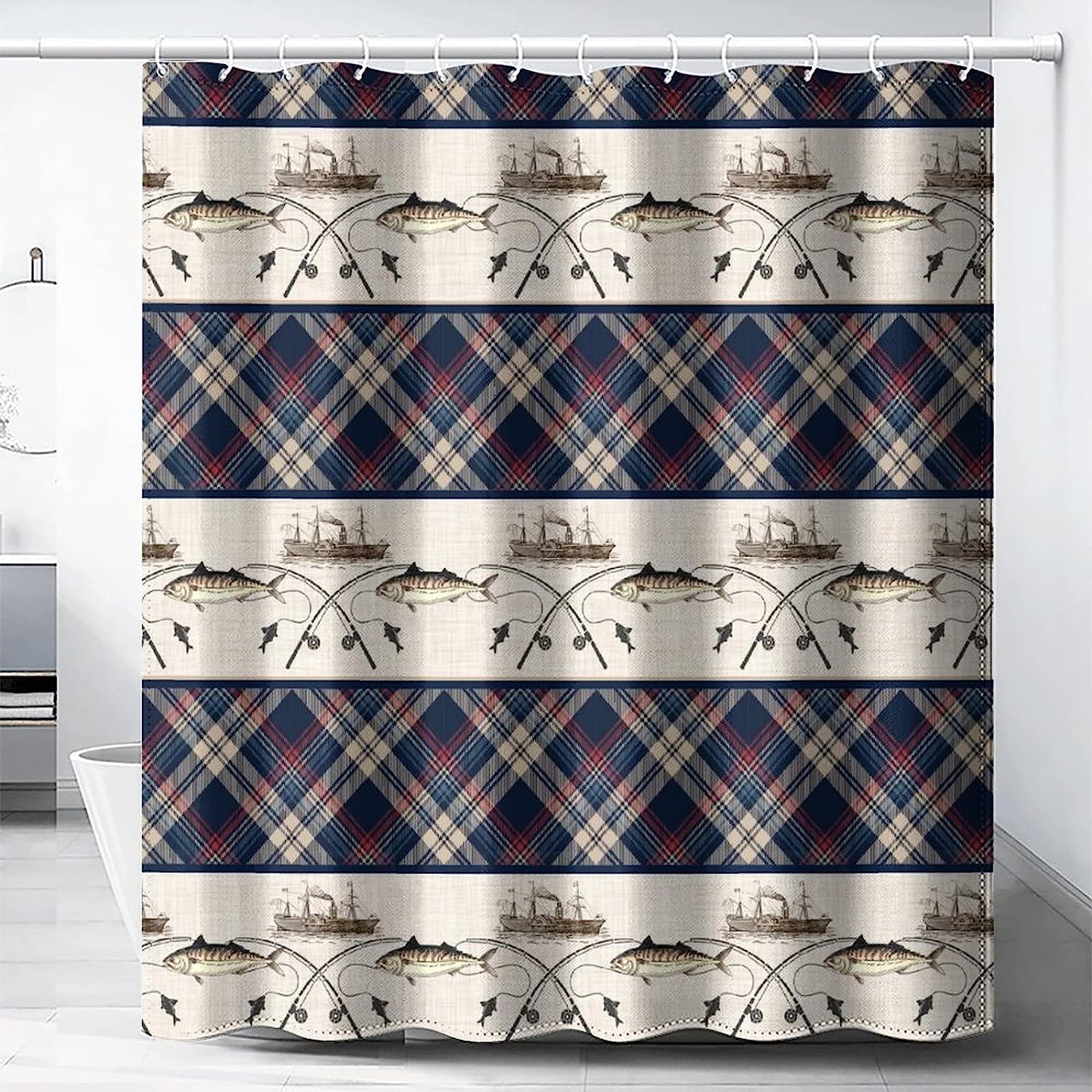 Fishing Boat Nautical Theme Waterproof Fabric Shower Curtain For Retro Bathroom Decor