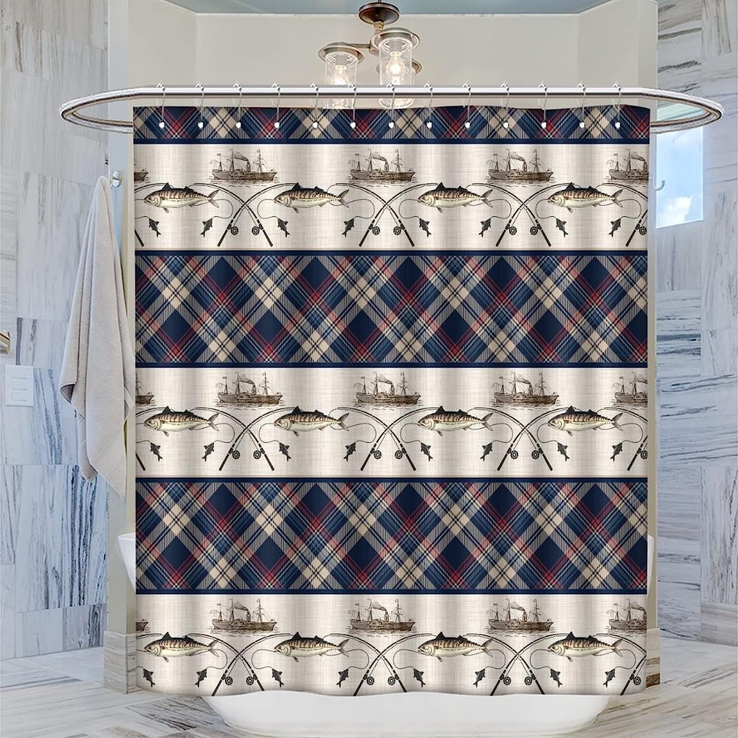 Fishing Boat Nautical Theme Waterproof Fabric Shower Curtain For Retro Bathroom Decor - Image 2
