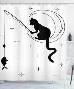 Fishing Kitty On Moon Art Print Cat Shower Curtain For Bathroom Decoration