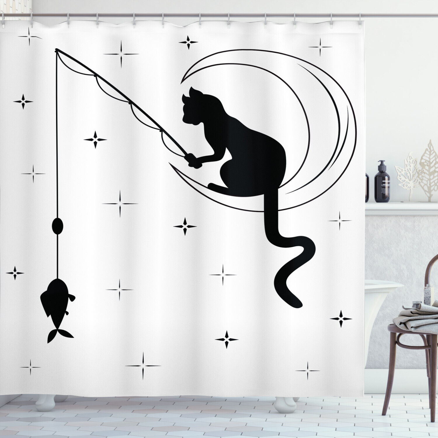 Fishing Kitty On Moon Art Print Cat Shower Curtain For Bathroom Decoration