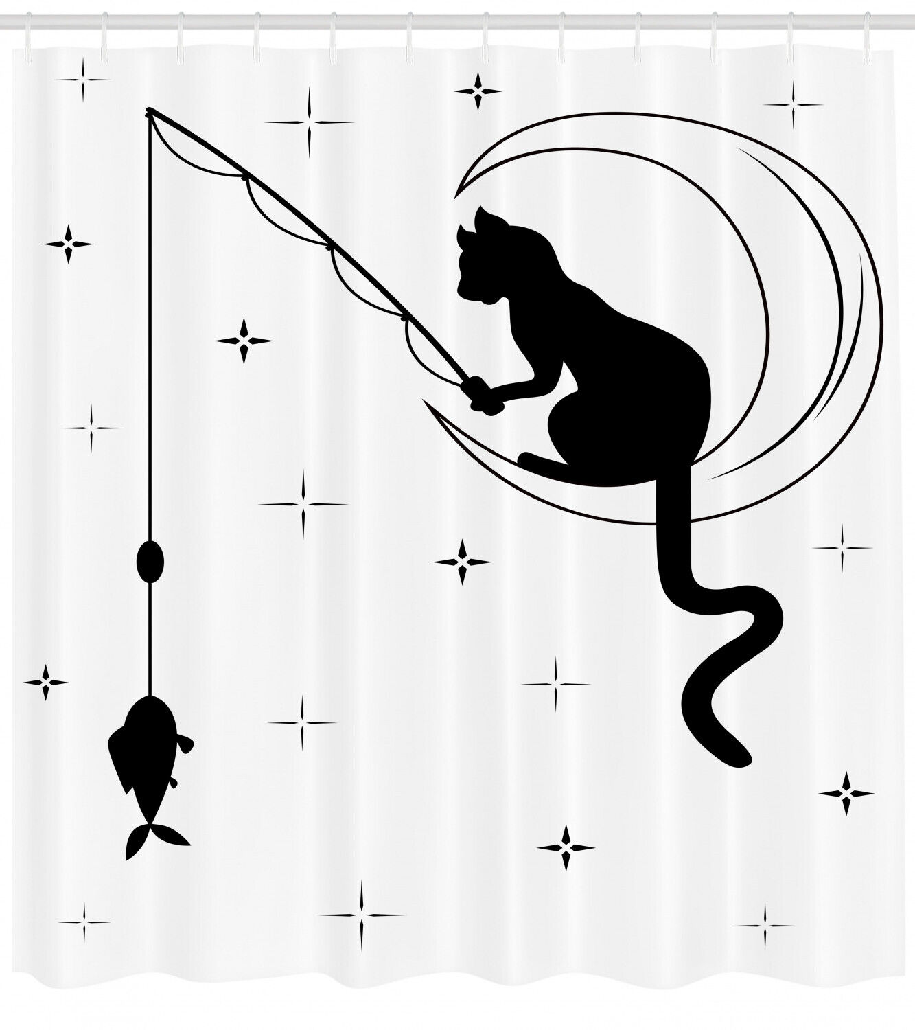 Fishing Kitty On Moon Art Print Cat Shower Curtain For Bathroom Decoration - Image 2