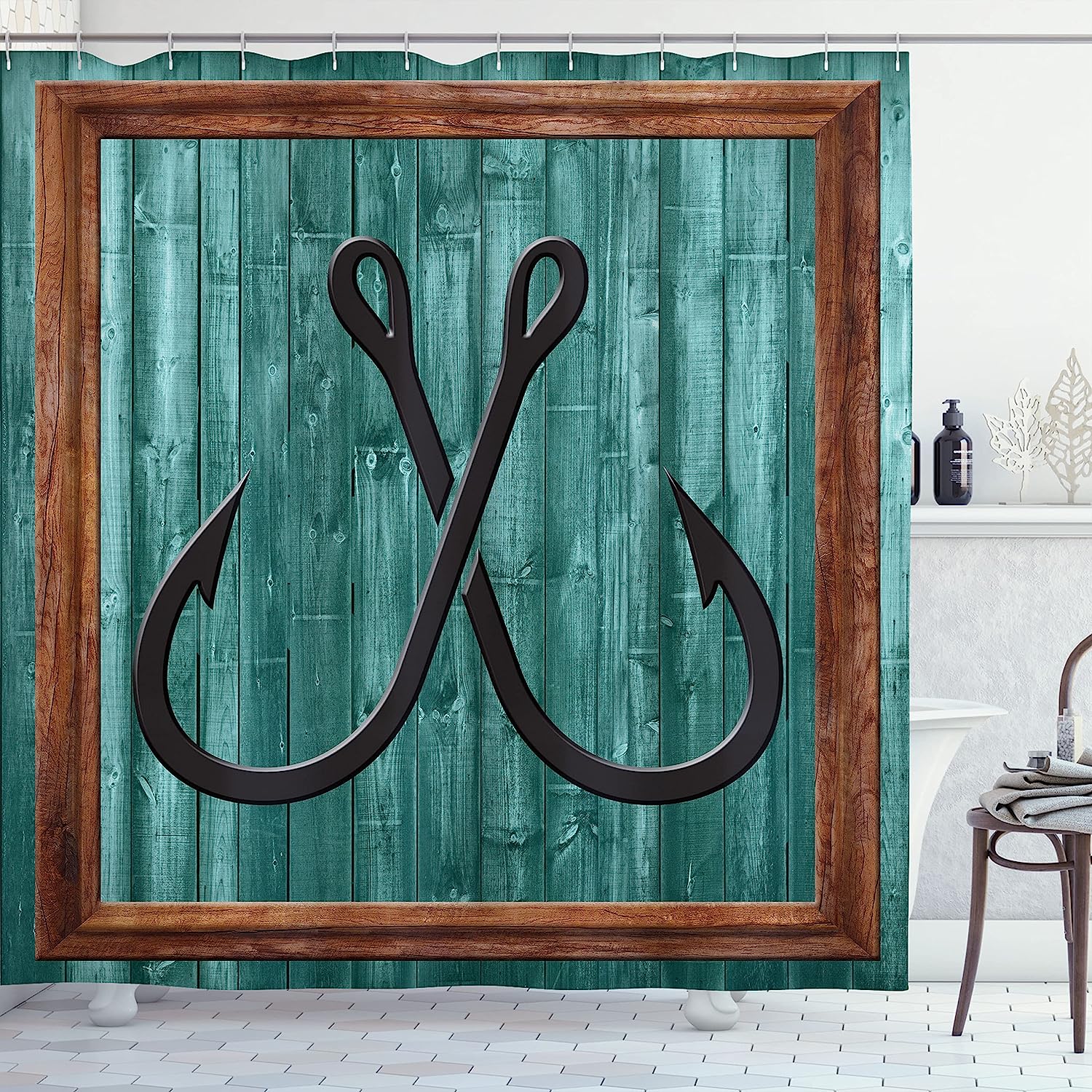 Fishing Lures Anchor Modern Abstract Painting Wooden Frame Rustic Nautical Bathroom Decor Shower Curtain