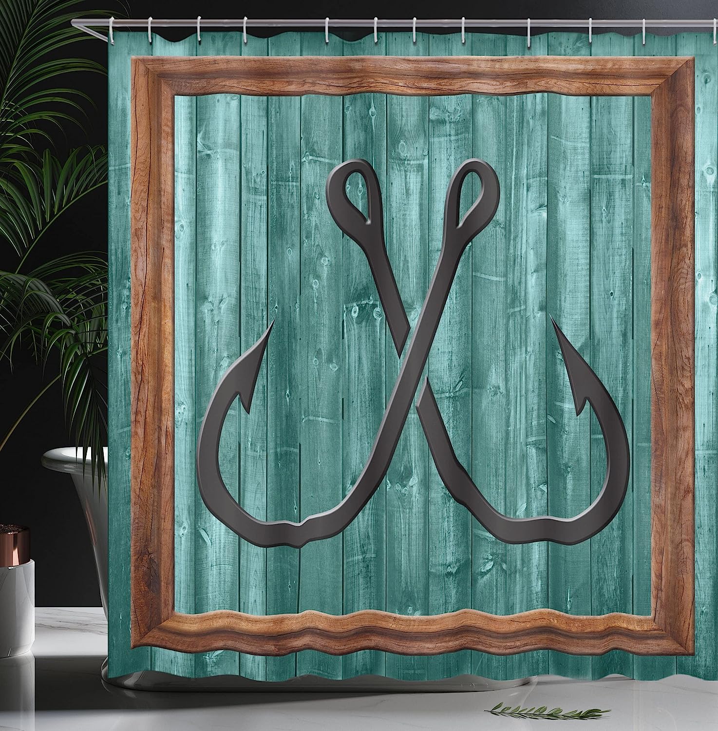 Fishing Lures Anchor Modern Abstract Painting Wooden Frame Rustic Nautical Bathroom Decor Shower Curtain - Image 3