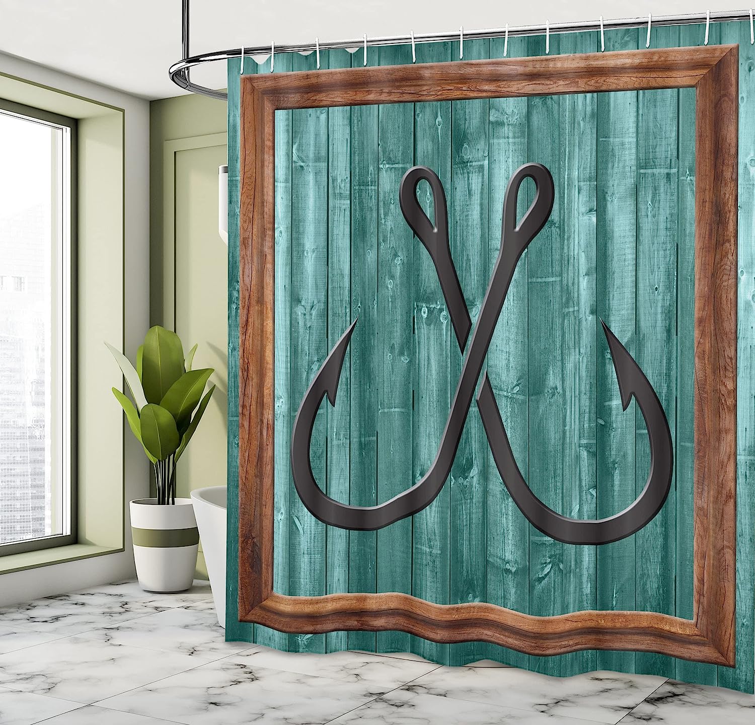 Fishing Lures Anchor Modern Abstract Painting Wooden Frame Rustic Nautical Bathroom Decor Shower Curtain - Image 4