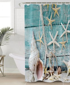 Fishing Net, Starfish, and Sealife Shower Curtain for Ocean Themed Bathroom Decor