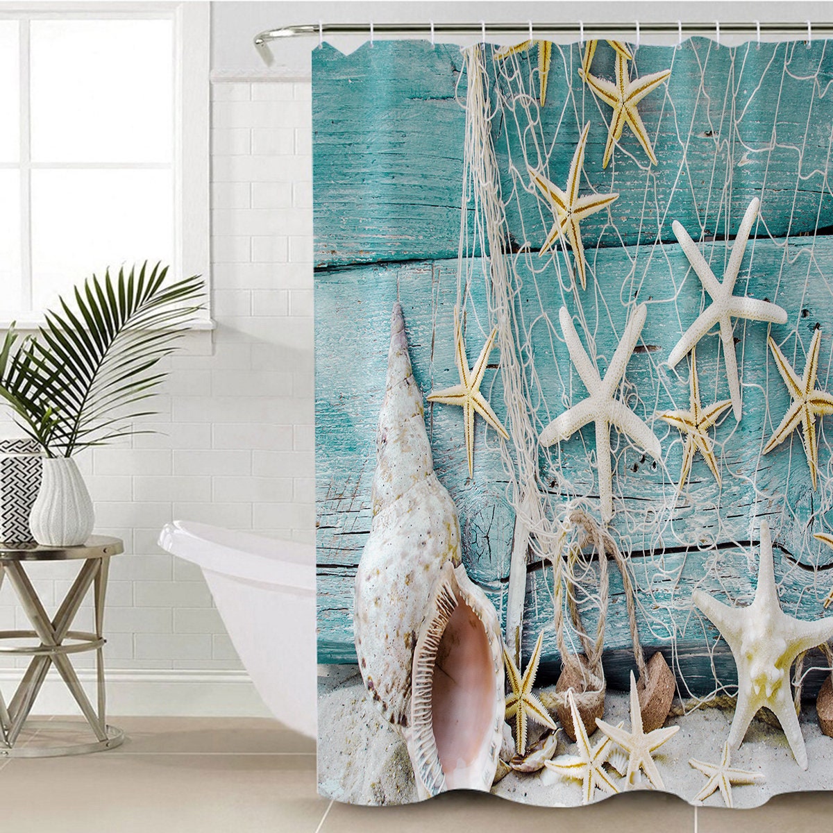 Fishing Net, Starfish, and Sealife Shower Curtain for Ocean Themed Bathroom Decor