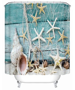 Fishing Net, Starfish, and Sealife Shower Curtain for Ocean Themed Bathroom Decor