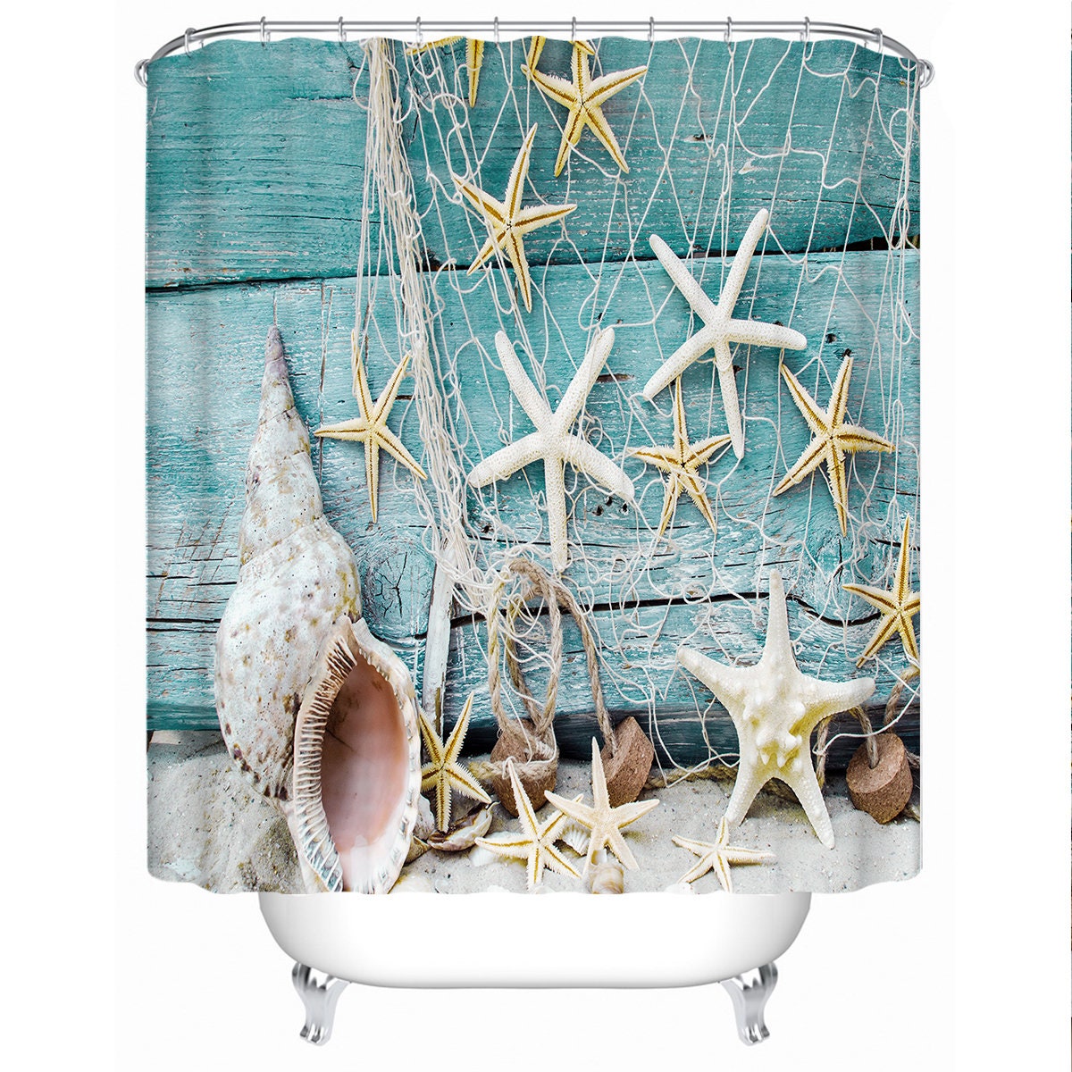 Fishing Net, Starfish, and Sealife Shower Curtain for Ocean Themed Bathroom Decor