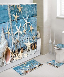 Fishing Net, Starfish, and Seashell Shower Curtain Set for Nautical Bathroom Decor