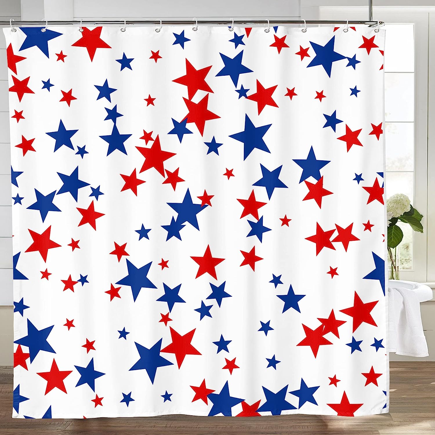 Fjpt July 4Th Shower Curtain With Red And Blue Stars And Stripes American Flag Decor For President'S Day Bathroom Decor