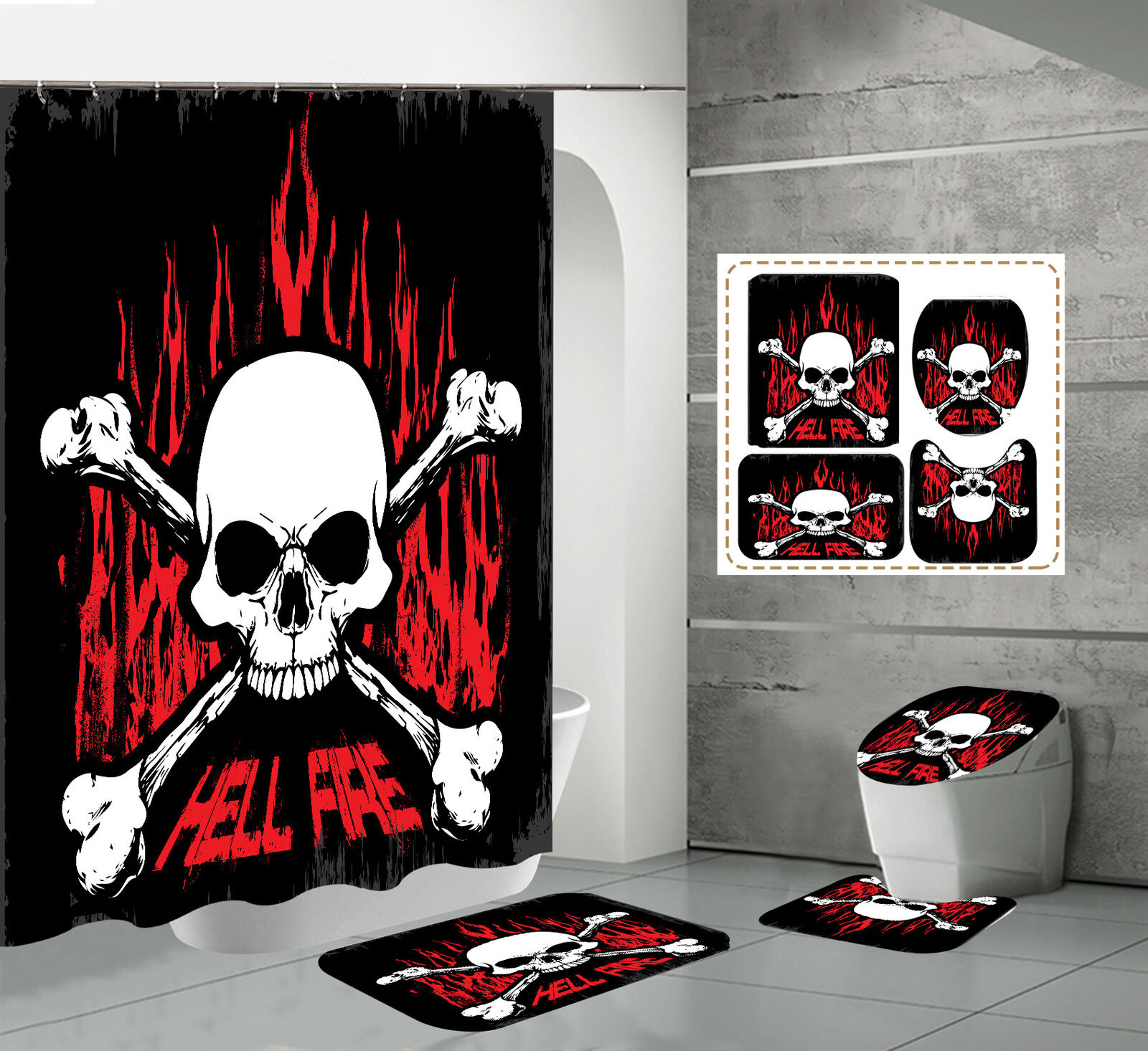 Flame Death Skull Skeleton Bathroom Shower Curtain Set For A Gothic-Inspired Bathroom Decor