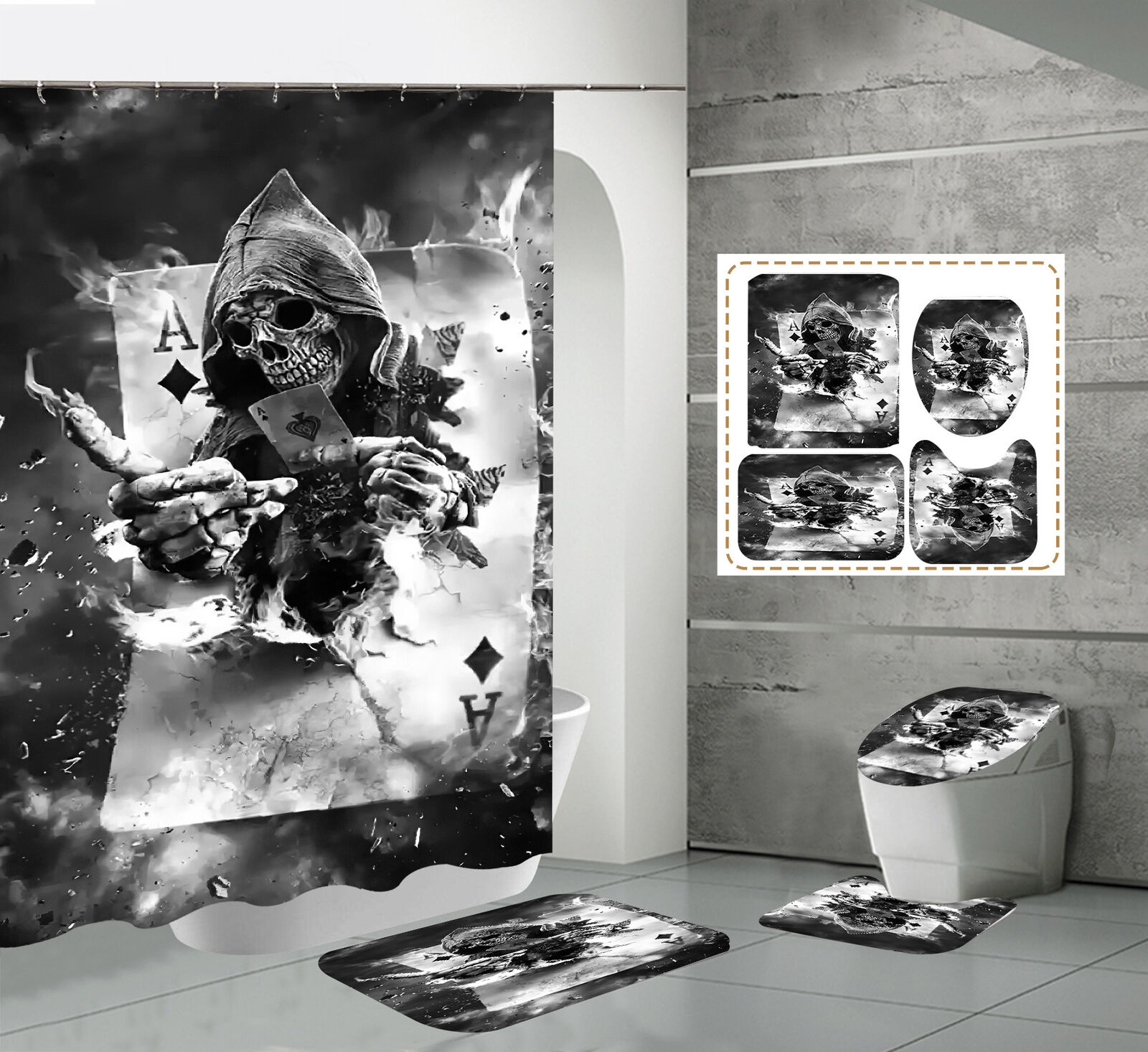 Flame Poker Skull Fabric Shower Curtain - Unique Skull Bathroom Decor