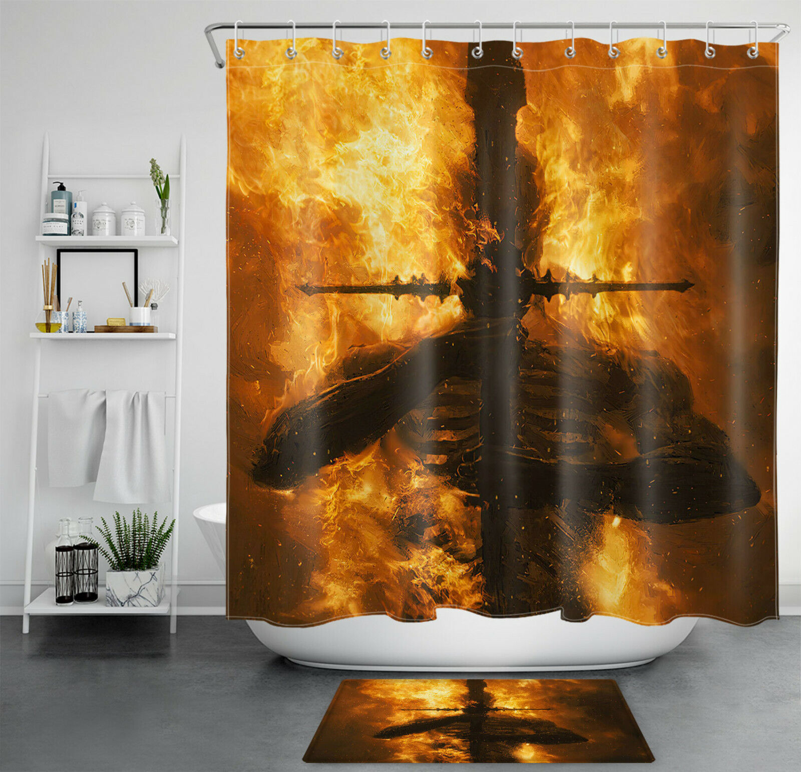 Flame Skull Cross Shower Curtain Day Of The Dead Bathroom Accessory For A Bold And Spooky Bathroom Decor