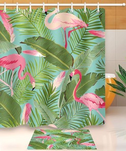 Flamingo And Floral Summer Palm Leaves Waterproof Fabric Shower Curtain For A Tropical-Themed Bathroom Decor