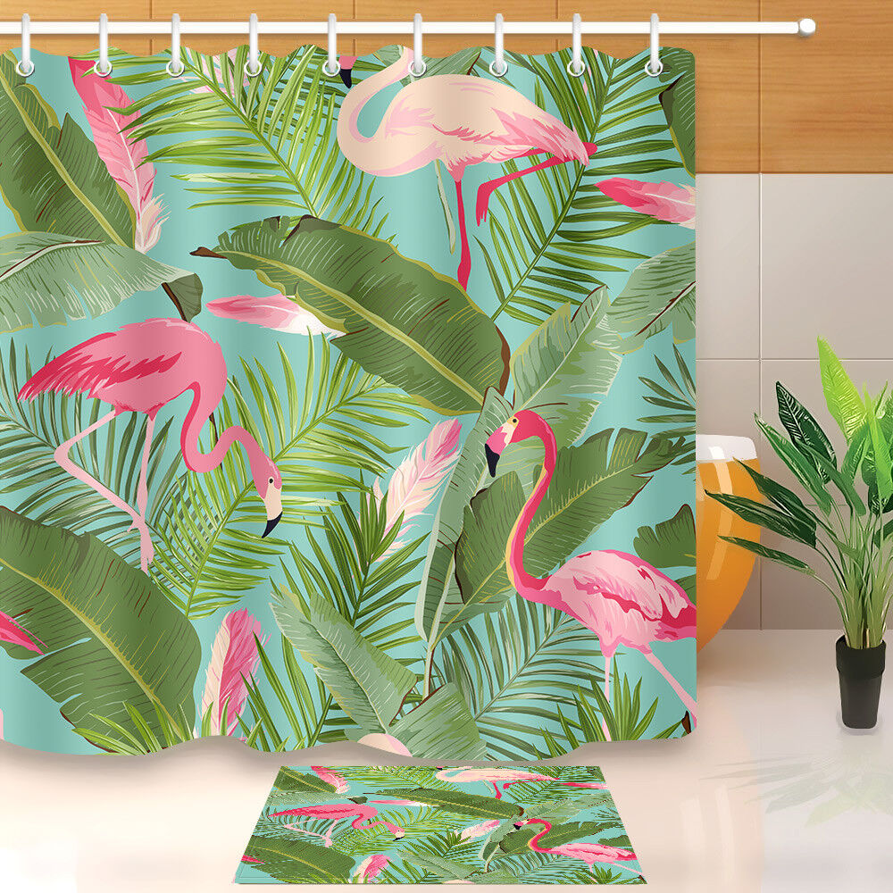 Flamingo And Floral Summer Palm Leaves Waterproof Fabric Shower Curtain For A Tropical-Themed Bathroom Decor