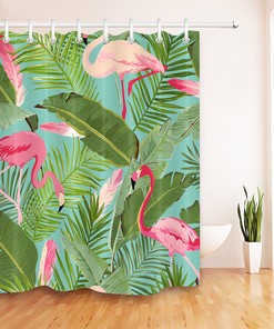 Flamingo And Floral Summer Palm Leaves Waterproof Fabric Shower Curtain For A Tropical-Themed Bathroom Decor