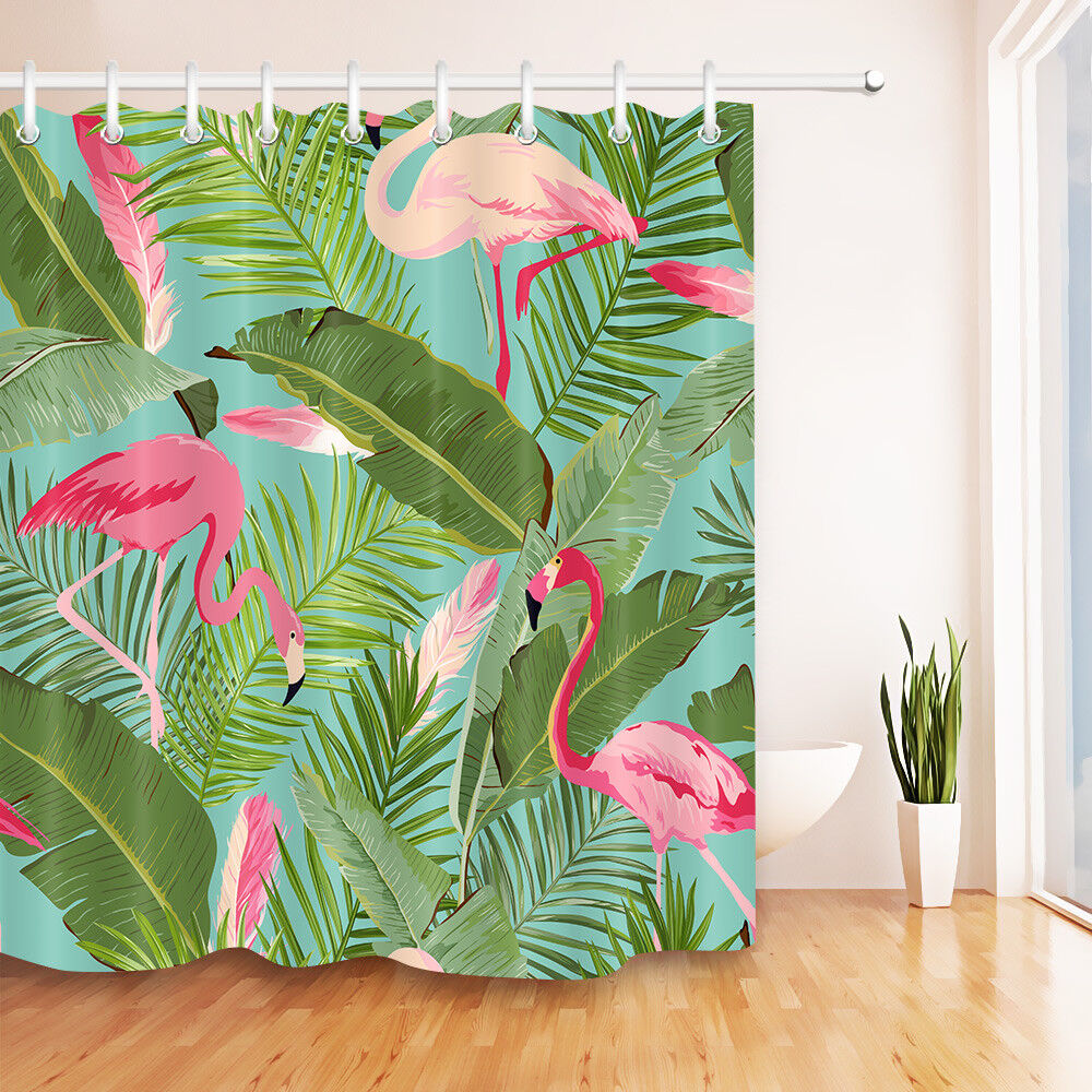 Flamingo And Floral Summer Palm Leaves Waterproof Fabric Shower Curtain For A Tropical-Themed Bathroom Decor