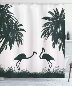 Flamingo And Palm Tree Natural Printed Shower Curtain For Beachy Bathroom