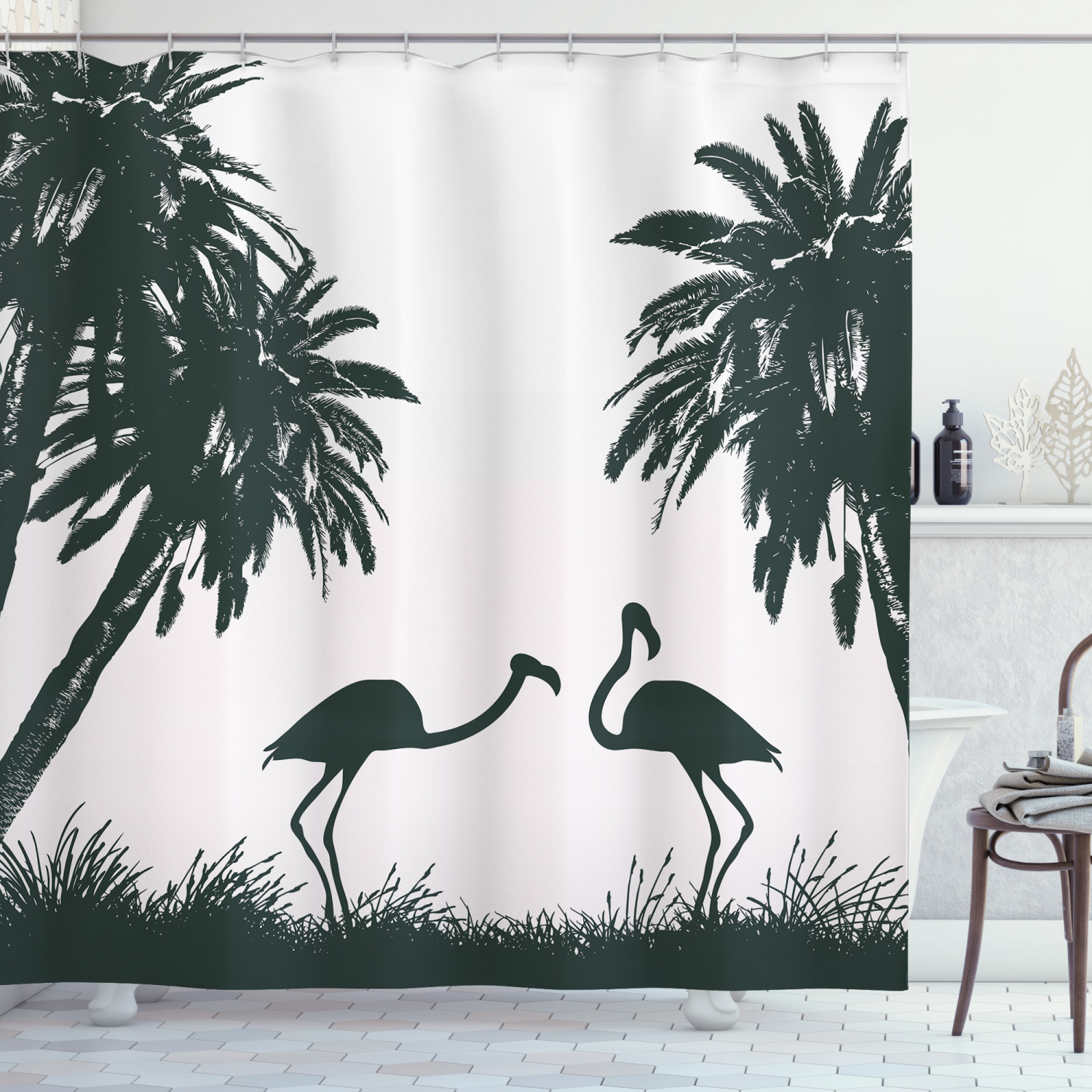 Flamingo And Palm Tree Natural Printed Shower Curtain For Beachy Bathroom - Image 3
