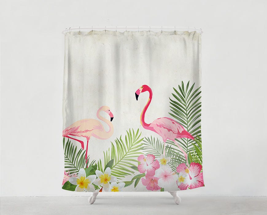Flamingo And Tropical Flowers Bohemian Shower Curtain Art Bathroom Decor