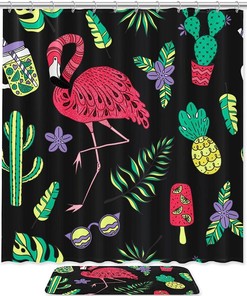 Flamingo And Tropical Flowers Shower Curtain Bathroom Art - Bohemian - Home Decor - Bathroom - Gift - Bath Curtain