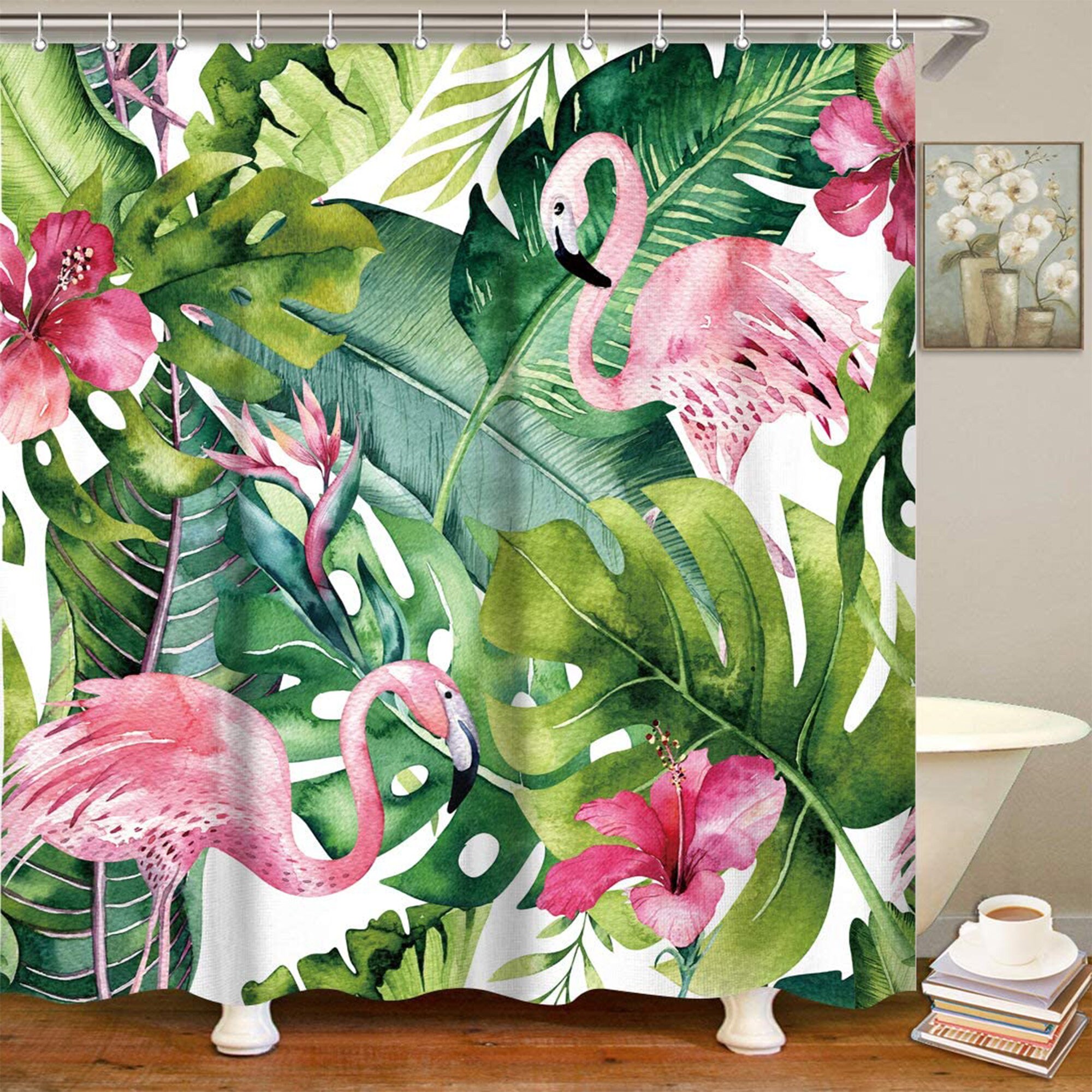 Flamingo Banana Leaf Shower Curtain for a Playful Bathroom Decor