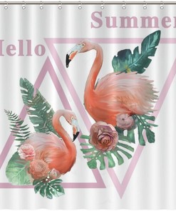 Flamingo Bath Curtain Summer Decor Fabric For A Hotel Bathroom Bath Tub With Water Repellent Fabric And Tropical Print