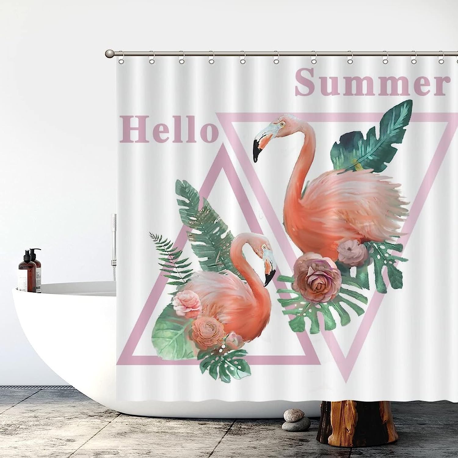 Flamingo Bath Curtain Summer Decor Fabric For A Hotel Bathroom Bath Tub With Water Repellent Fabric And Tropical Print