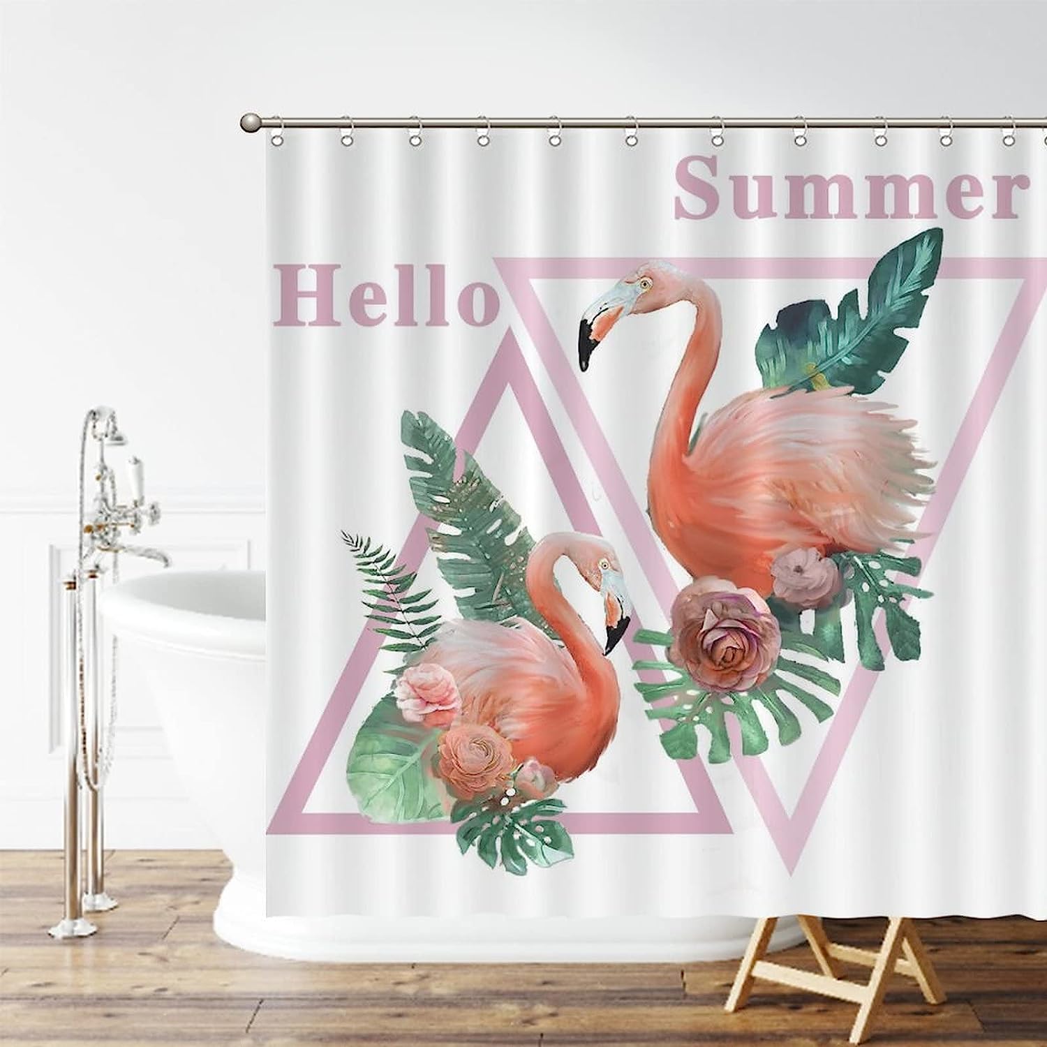 Flamingo Bath Curtain Summer Decor Fabric For A Hotel Bathroom Bath Tub With Water Repellent Fabric And Tropical Print