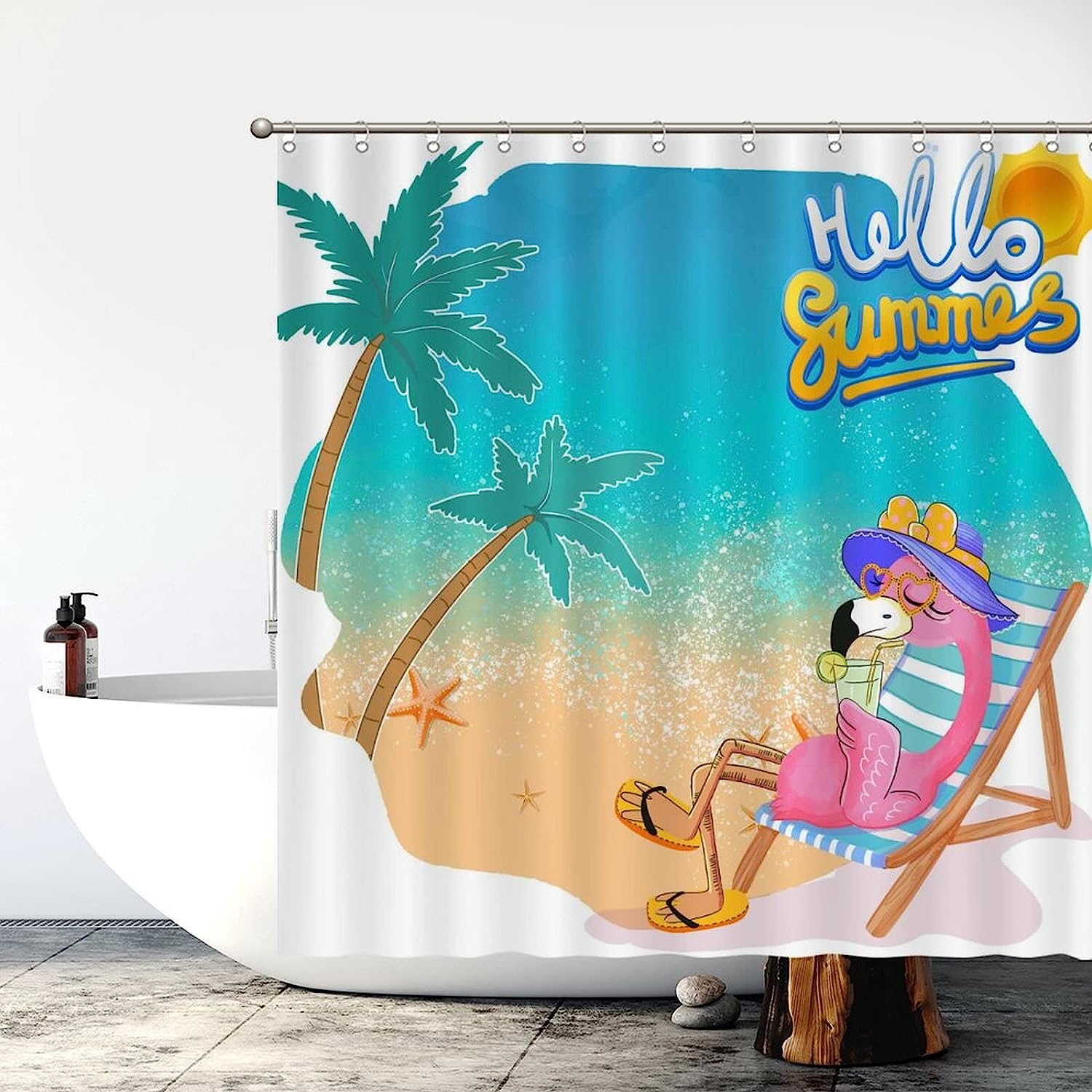 Flamingo Bath Curtain Summer Decor Fabric For A Hotel Bathroom Bath Tub With Waterproof Fabric And Tropical Print