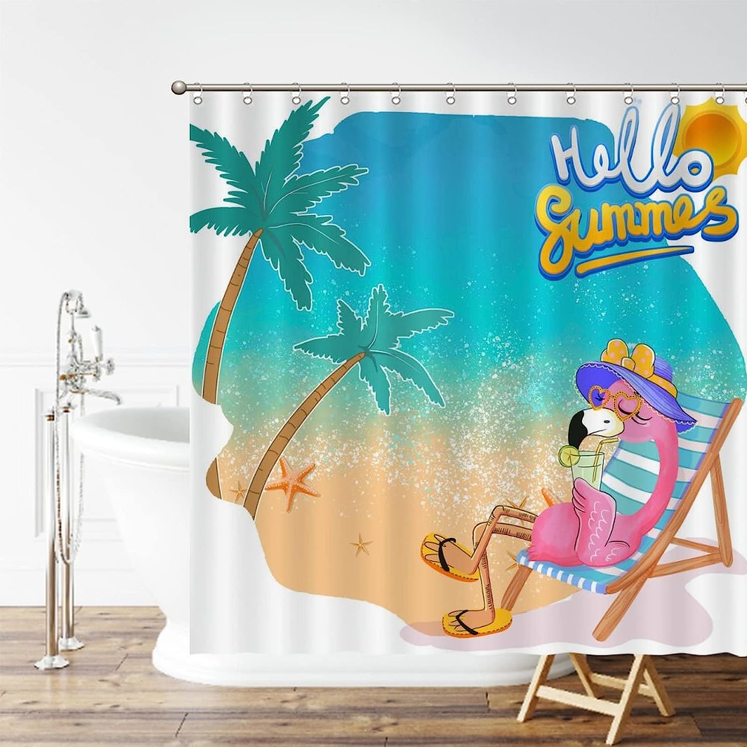 Flamingo Bath Curtain Summer Decor Fabric For A Hotel Bathroom Bath Tub With Waterproof Fabric And Tropical Print
