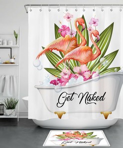 Flamingo Bathtub Shower Curtain With Tropical Flowers For Bathroom Decor
