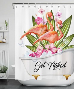 Flamingo Bathtub Shower Curtain With Tropical Flowers For Bathroom Decor