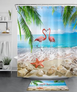 Flamingo Beach Shower Curtain Set featuring Starfish and Tropical Plants