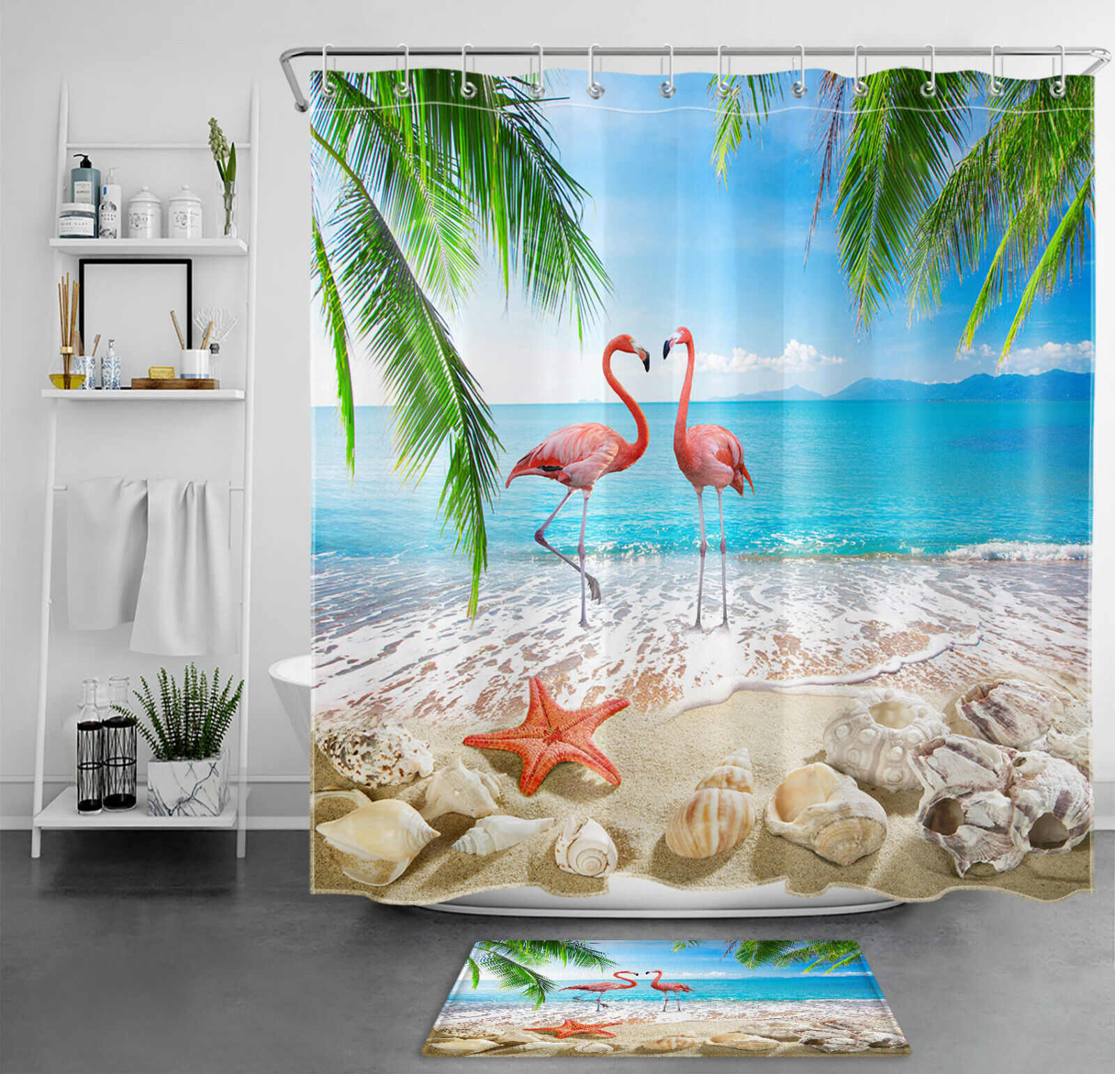 Flamingo Beach Shower Curtain Set featuring Starfish and Tropical Plants