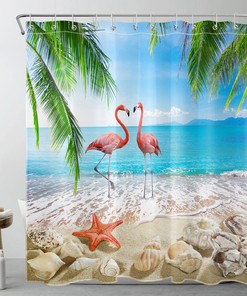 Flamingo Beach Shower Curtain Set featuring Starfish and Tropical Plants